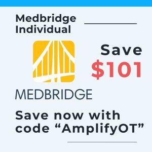 Promotional graphic for Medbridge Individual featuring the Medbridge yellow bridge logo. The ad highlights a savings of $101 and encourages users to “Save now with code ‘AmplifyOT’.”