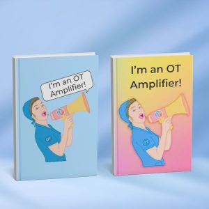 Product image showing two occupational therapy notebooks. One is the OT amplifier notebook with a light blue background and one with a rainbow background.