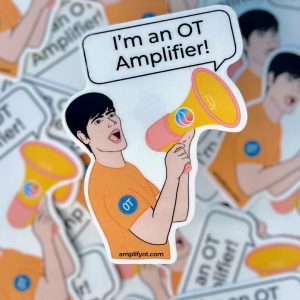 asian man wearing orange tshirt holding megaphone stating "I'm an OT Amplifier!"