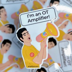 White man wearing yellow tshirt holding megaphone stating "I'm an OT Amplifier!"